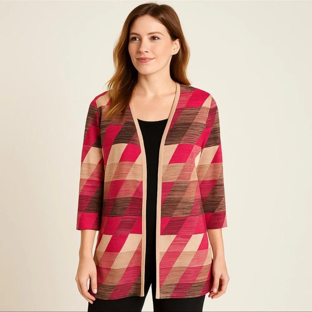 Misook Geometric Open Front Knit Cardigan Pink Tan Brown Size Large NWOT